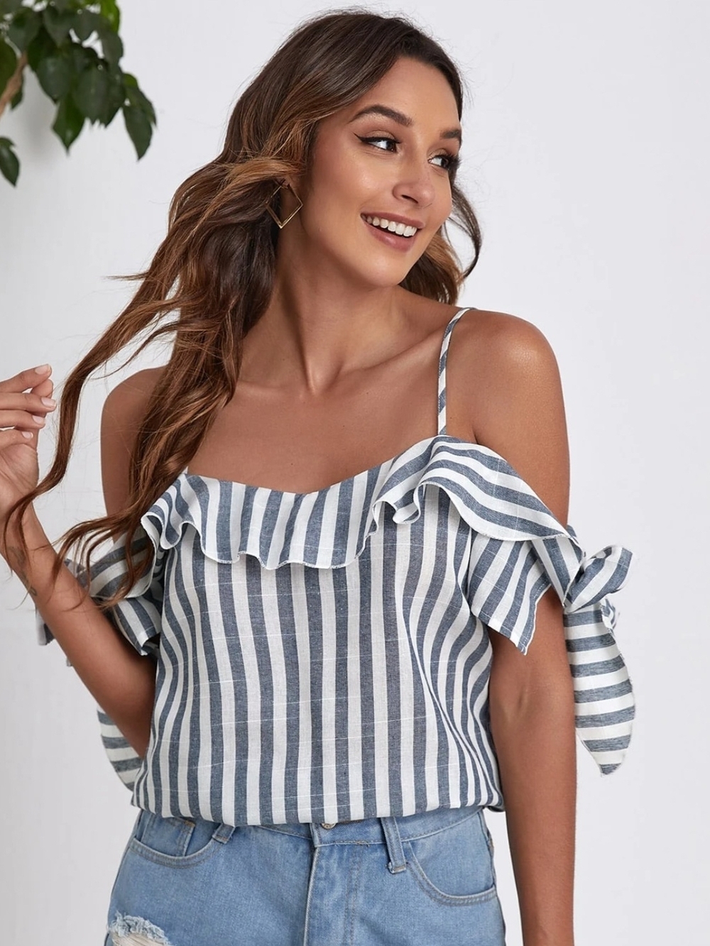 SHEIN Blue & White Striped Off-Shoulder Ruffle Tie-Sleeve Top
